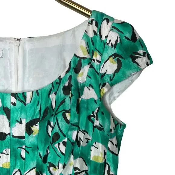 Kay Unger Dress Green Silk Cotton Blend Floral Fit Flare Scoop Neck Size 12 - Picture 5 of 13